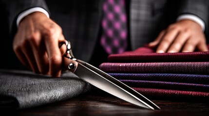 Close up of tailor's hands cutting dark blue fabric with professional scissors, creating a bespoke suit with precision and skill