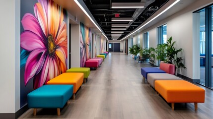 Modern office hallway with vibrant floral murals and colorful seating