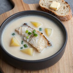 Creamy smoked fish and potato soup served in a dark bowl, topped with tender fillet pieces and fresh chives, rustic Nordic-inspired comfort food
