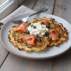 Crispy potato pancake topped with smoked salmon, capers and cr&egrave;me fra&icirc;che, finished with fresh chives, elegant Nordic-style appetizer on a rustic plate