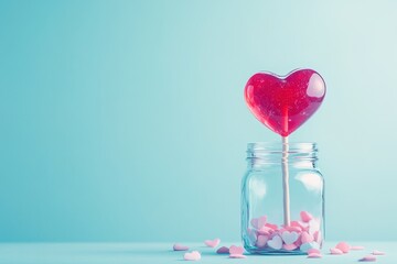 heart-shaped lollipop is placed in a clear jar. Small pink hearts surround the jar on blue background with copy space. scene is bright and colorful, showing sweet treat