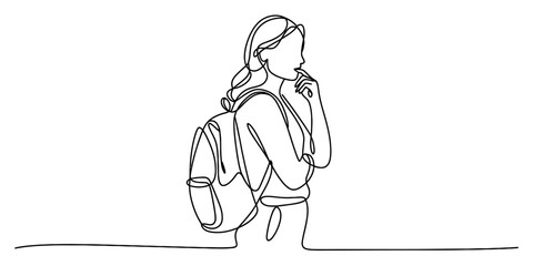 Continuous line drawing of a young woman with a backpack on white background, contemplating a decision with her finger on her chin, conceptual art Vector, illustration