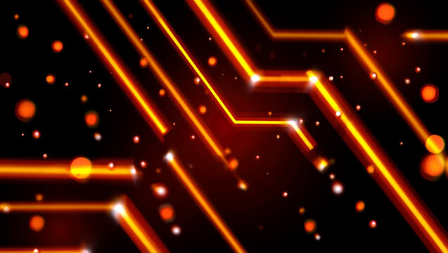 Glowing orange circuit board lines with floating particles on black background abstract technology - Powered by Adobe