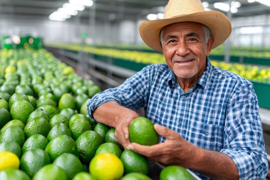Senior farmer smiling while sorting fresh avocados in warehouse - Powered by Adobe