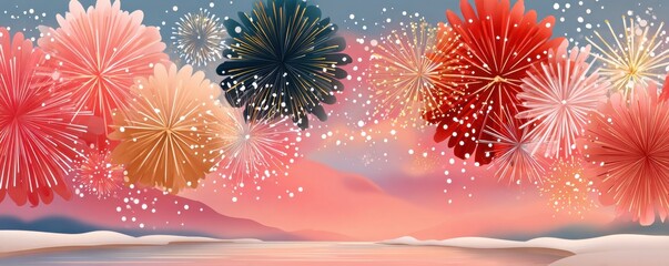 Colorful fireworks over a calm lake at sunset, creating a festive night scene