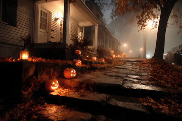 Halloween night scene with jack-o-lanterns on stone steps leading to house with porch and trees in foggy autumn evening with orange leaves