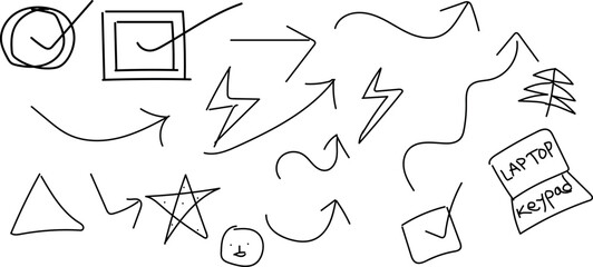 A comprehensive collection of hand-drawn doodle elements, including various arrows, checkmarks, geometric shapes, lightning bolts, and a laptop sketch, on a clean background.