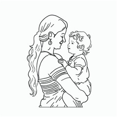 Tender Moment of a Young Mother in Red Dress Gently Holding and Kissing Her Happy Curly-Haired Toddler Son on the Cheek – Warm Family Love and Motherhood Illustration