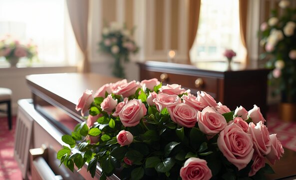 Elegant casket with pink roses in sunlit funeral home funeral flowers grief death loss ceremony floral sadness cemetery mourning dead 