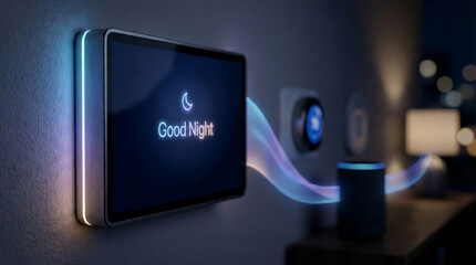 Dramatic low angle shot of a wall-mounted digital calendar acting as a smart home control hub for family scheduling and home automation