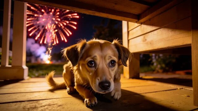 Dog with a fearful expression hides under a wooden porch as fireworks explode. Animal noise phobia and stress during holiday celebrations. Lockdown shot from a low angle.