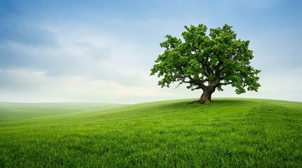 Single green oak tree growing on a lush rolling hill under blue sky