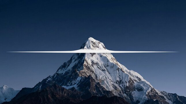 Majestic snow capped mountain peak against deep blue twilight sky