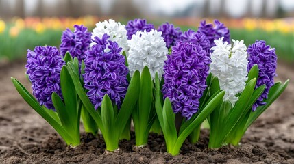 Fototapeta premium Purple and white hyacinths blooming in a spring garden bed