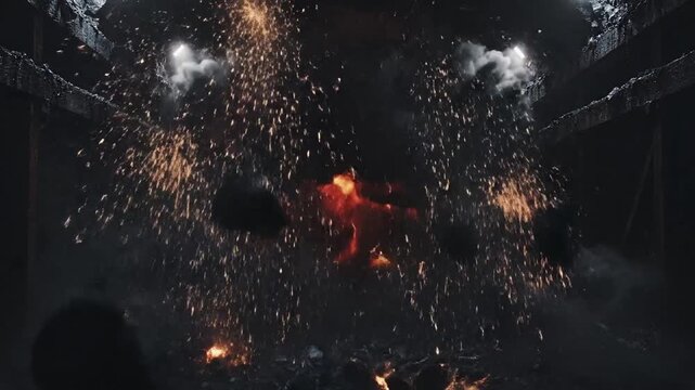 Dramatic Industrial Explosion with Fiery Debris and Dark Tunnels Bathed in Orange Light