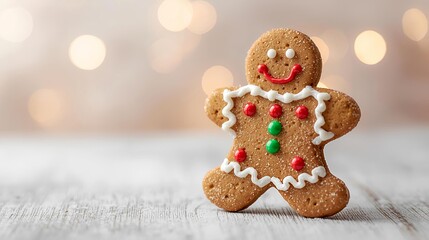 Gingerbread Man Cookie with Icing on Wooden Table, Festive Christmas Decoration