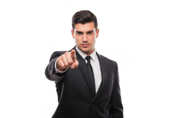Confident young man in formal suit pointing forward with determination isolated on transparent background