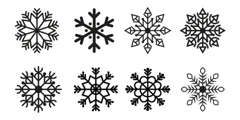 Abstract Snowflake Icons Set in Black – Modern Winter and Christmas Vector Design