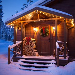 Cozy christmas cabin in snowy forest