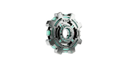 Chrome gear icon with luminous accents technology symbol