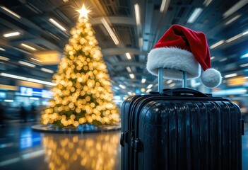 Holiday season travel photo featuring a santa hat on a suitcase and a glowing christmas tree in an airport setting