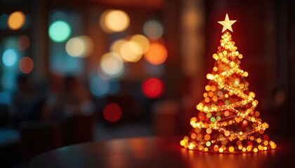 Illuminated christmas tree with glowing star and warm bokeh lights in a festive setting