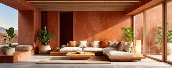 Cozy desert modern living room with terracotta walls, neutral sectional sofa, and large windows