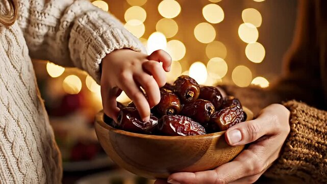 Warm moment sharing sweet dates around glowing festive lights for a beautiful family gathering