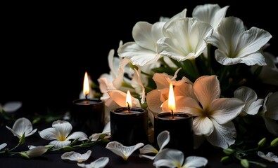White flowers and burning black and white candles on black background for obituary notice funeral announcement necrology funeral flowers grief death loss ceremony floral sadness cemetery mourning dead