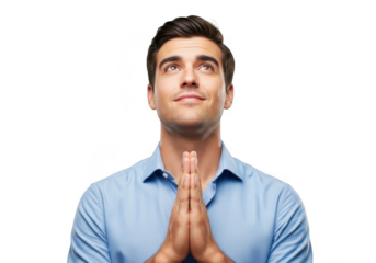 Young caucasian man with short brown hair looking upwards with hands clasped together in prayer isolated on transparent background