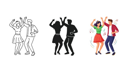 Naklejka premium Illustration of dancing couple in three styles outline, silhouette and color