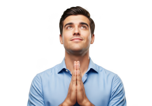 Young caucasian man with short brown hair looking upwards with hands clasped together in prayer isolated on transparent background - Powered by Adobe