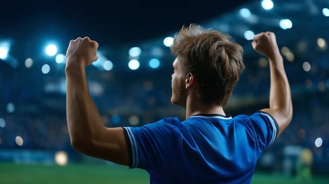 Soccer player uniform, celebrating goal stadium, field sport victory, passion success emotional, triumph professional football, achievement celebration moment, faceless player cele