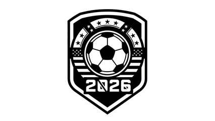 Black and white shield logo with a soccer ball, stars, and the year 2026, representing a sports event or championship.