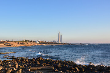 Israeli Mediterranean coastline and Orot Rabin power plant view