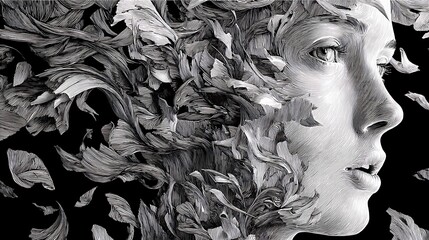 face fragmented into swirling pieces, representing scattered anxious thoughts, high detail lighting contrast, 