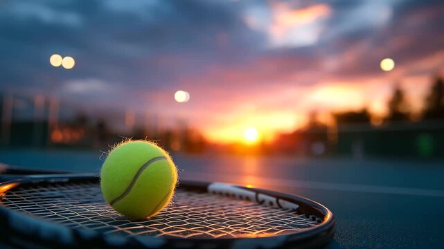 Tennis ball bouncing, under racket court, line sunset display, sport focus training, moments match atmosphere, emotional game tension, athletic equipment closeup, defocused court s