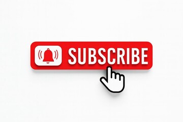 Red subscribe button with a notification bell icon and a cursor hand pointing to it on a white background