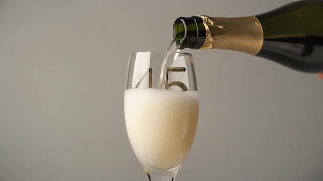 Glass engraved with the number 45. Champagne bottle fills the glass with alcohol. Celebrating milestone, anniversary or birthday