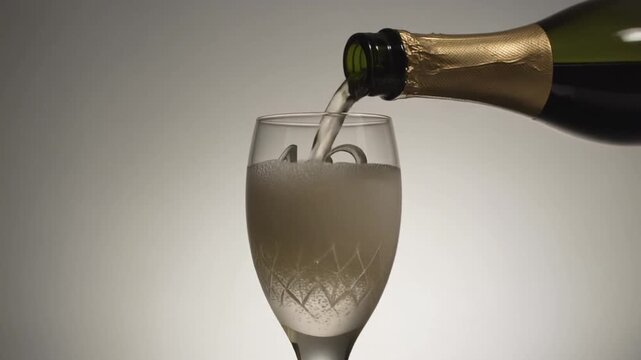 Glass engraved with the number 43. Champagne bottle fills the glass with alcohol. Celebrating milestone, anniversary or birthday