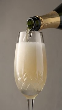 Glass engraved with the number 45. Champagne bottle fills the glass with alcohol. Celebrating milestone, anniversary or birthday