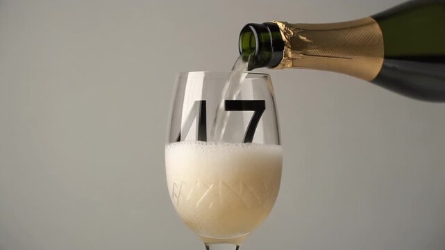 Glass engraved with the number 47. Champagne bottle fills the glass with alcohol. Celebrating milestone, anniversary or birthday