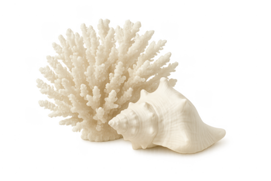 White branching coral and conch shell transparent background - Powered by Adobe