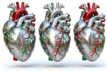 Highly Detailed 3D Human Heart Anatomy Illustration Showing Cardiovascular System, Arteries and Veins, Realistic Metallic Medical Models Isolated on White Background