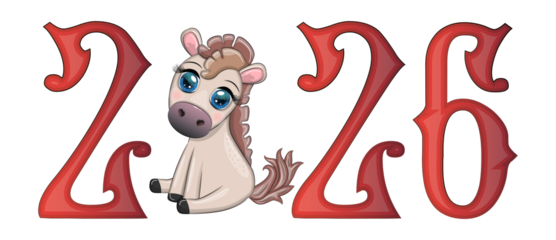 A banner for Chinese New Year 2026, combining an image of a horse and the number 2026, done in a cartoon style, the year of the horse.