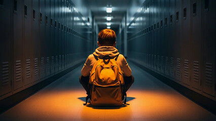 A young boy with brown hair sits alone in a dimly lit school hallway. He wears a backpack and appears anxious, surrounded by empty lockers.
