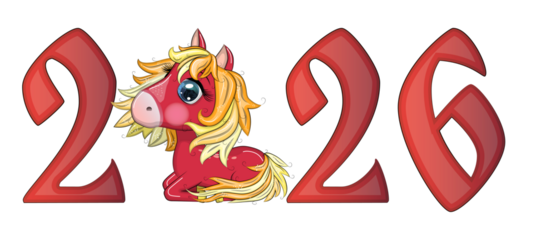 A banner for Chinese New Year 2026, combining an image of a horse and the number 2026, done in a cartoon style, the year of the horse.
