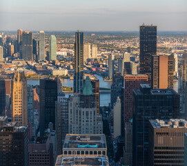 Skyscrapers in Manhattan under seen from above at sunset