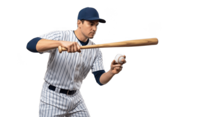 Focused baseball player in pinstripe uniform bunting ball with wooden bat, isolated on white background, capturing technique, timing, teamwork and strategic small ball play in professional baseball

