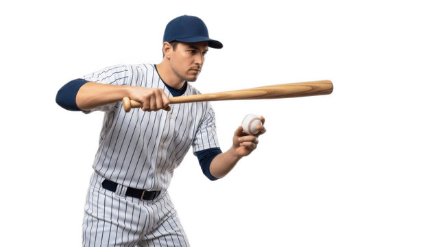 Focused baseball player in pinstripe uniform bunting ball with wooden bat, isolated on white background, capturing technique, timing, teamwork and strategic small ball play in professional baseball

